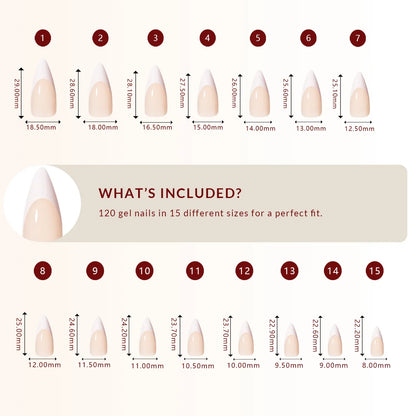 LuxeTip French Press On Nails, Long Stiletto White French Tips, Size Guide, 120 Gel Nails in 15 Different Sizes