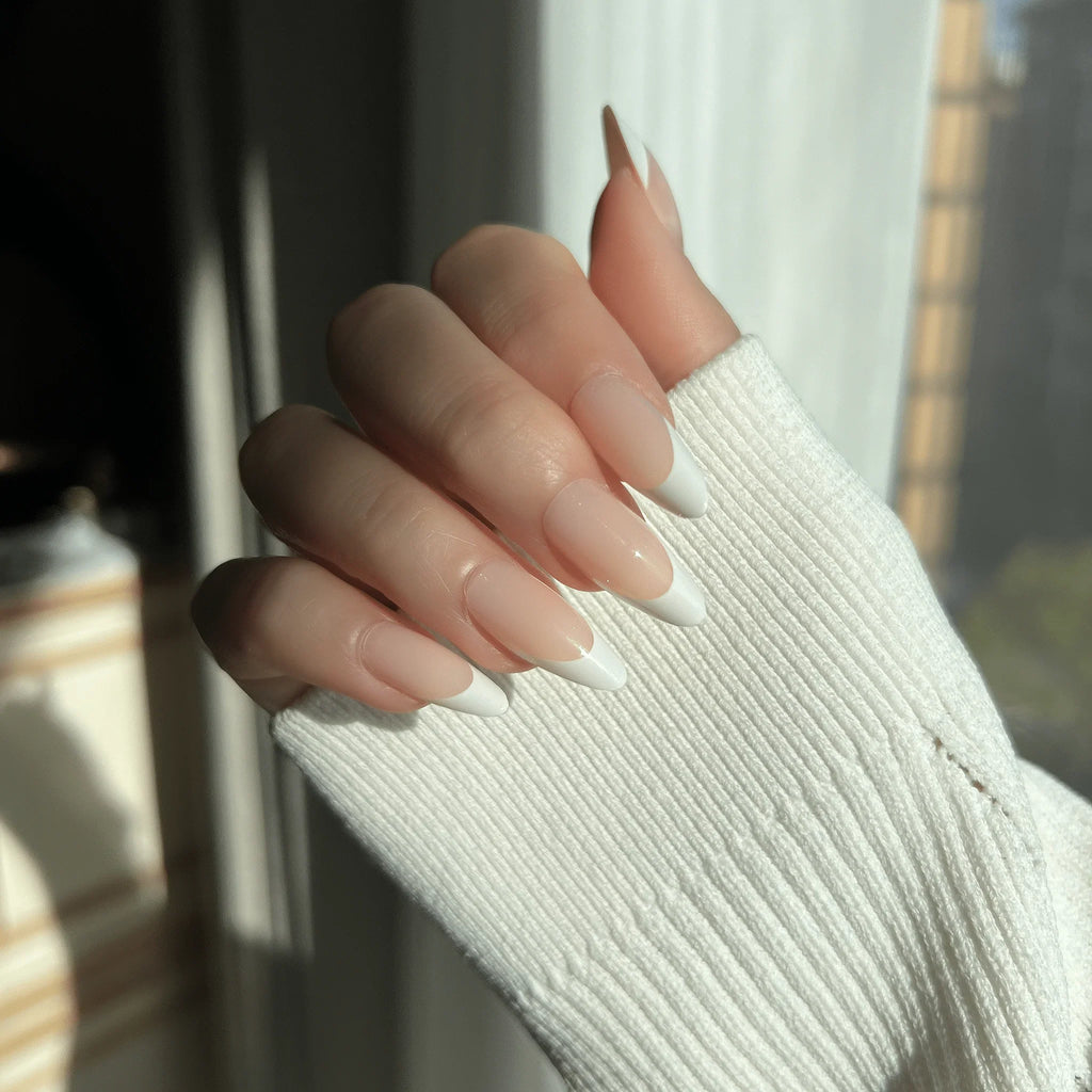 LuxeTip French Press On Nails, Medium Almond White French Tips, High-Gloss Finish, On Hand Display 2