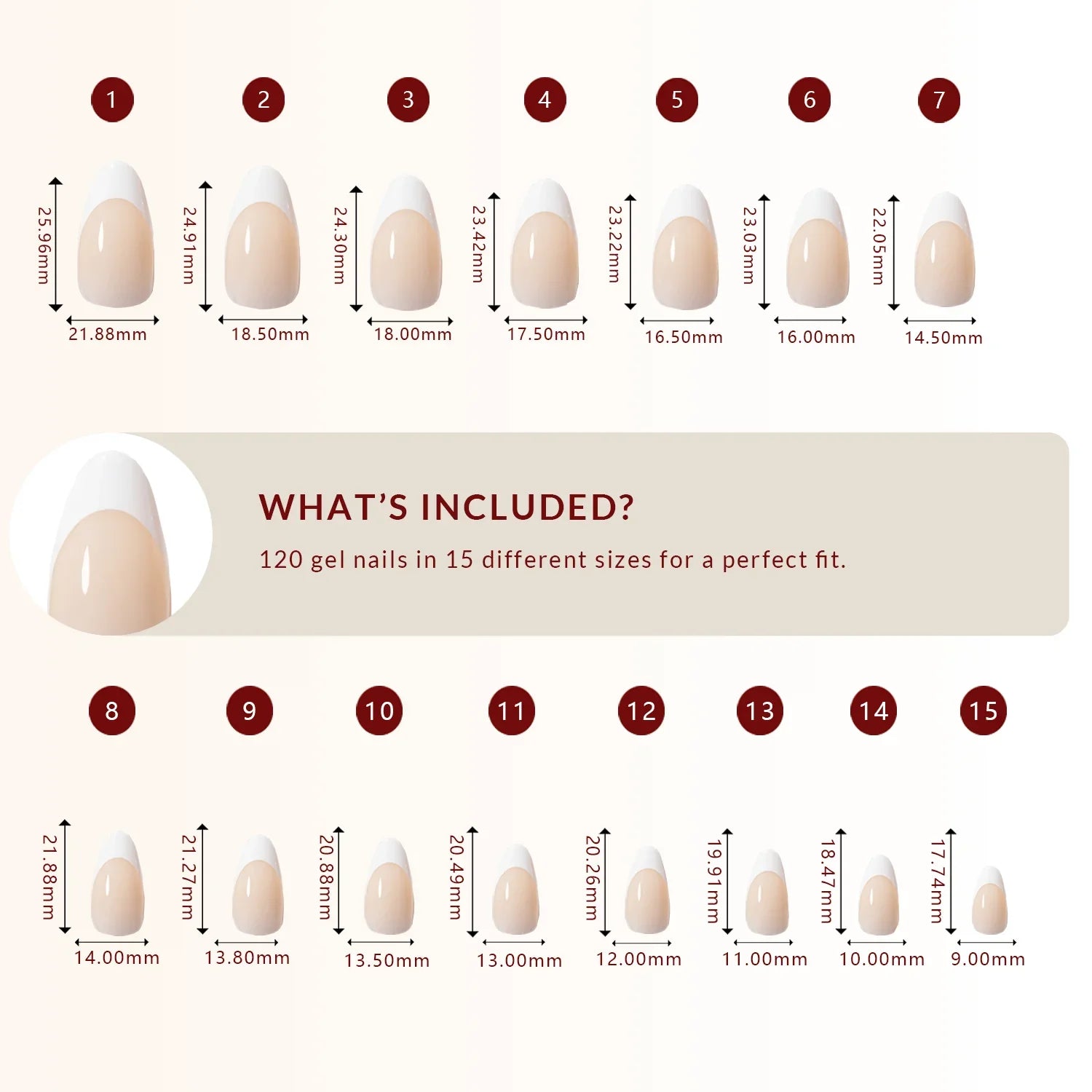 LuxeTip French Press On Nails, Medium Almond White French Tips, High-Gloss Finish, Size Guide, 120 Gel Nails in 15 Different Sizes