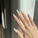 LuxeTip French Press On Nails, Medium Almond White French Tips, High-Gloss Finish, On Hand Display 