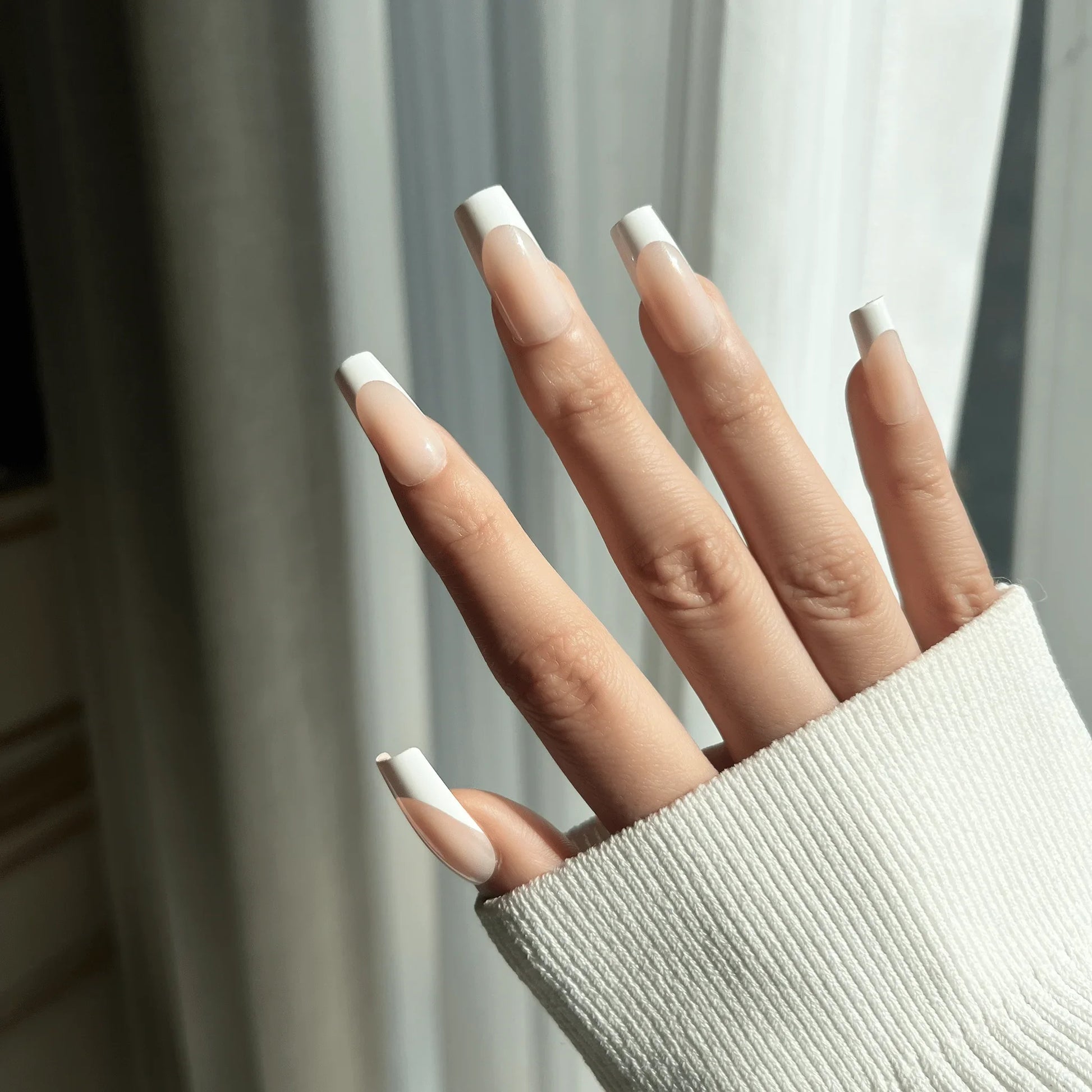 LuxeTip French Press On Nails, Medium Square White French Tips, On Hand Display 3