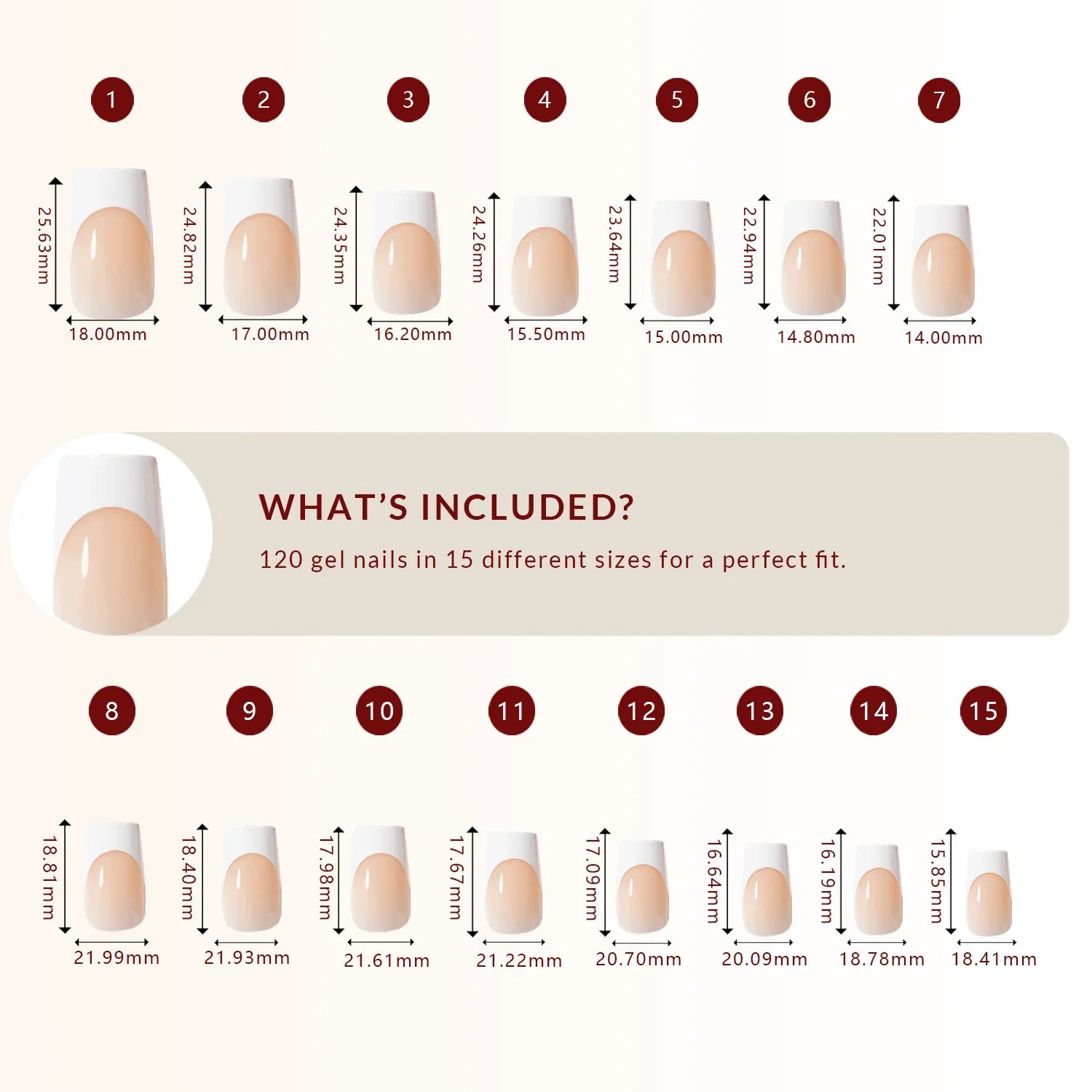LuxeTip French Press On Nails, Medium Square White French Tips, Size Guide, 120 Gel Nails in 15 Different Sizes