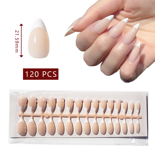 LuxeTip French Press On Nails, Medium Stiletto White French Tips, High-Gloss Finish, On Hand Display, Thumb Nail Size Guide
