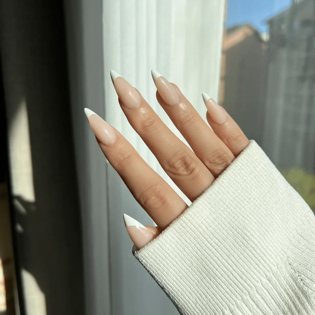 LuxeTip French Press On Nails, Medium Stiletto White French Tips, High-Gloss Finish, On Hand Display 3