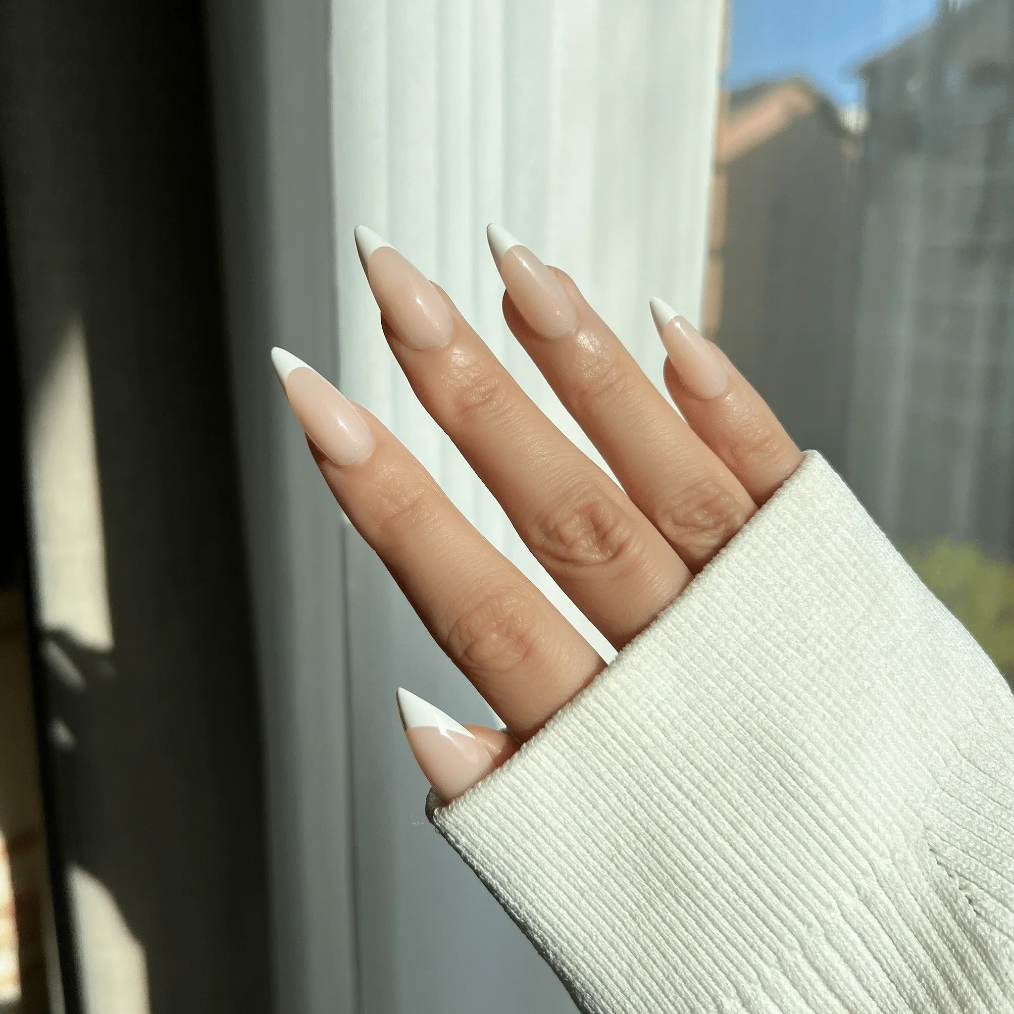 LuxeTip French Press On Nails, Medium Stiletto White French Tips, High-Gloss Finish, On Hand Display 3