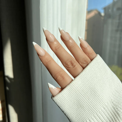 LuxeTip French Press On Nails, Medium Stiletto White French Tips, High-Gloss Finish, On Hand Display 3