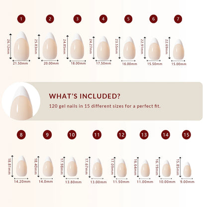LuxeTip French Press On Nails, Medium Stiletto White French Tips, Size Guide, 120 Gel Nails in 15 Different Sizes