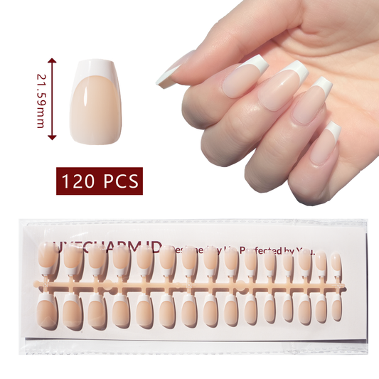LuxeTip French Press On Nails, Short Coffin White French Tips, Salon Quality, On Hand Display, Thumb Nail Size Guide