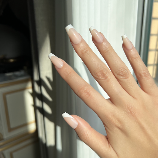 LuxeTip French Press On Nails, Short Coffin White French Tips, On Hand Display 2