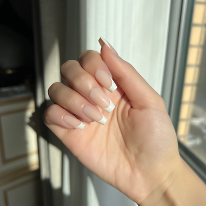 LuxeTip French Press On Nails, Short Coffin White French Tips, On Hand Display 3