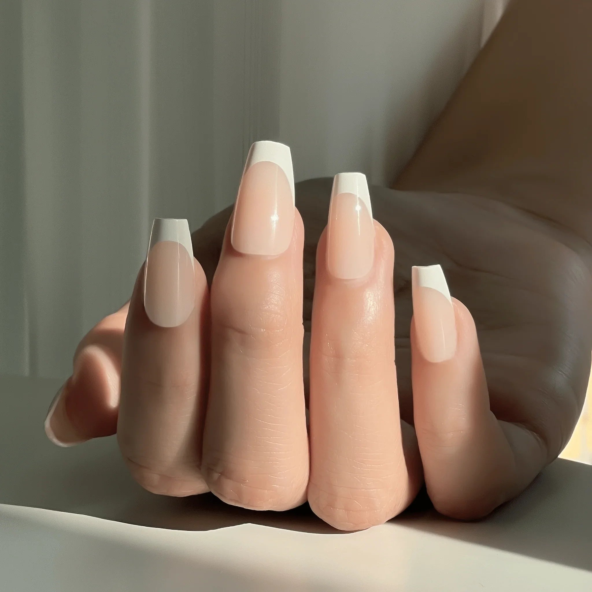 LuxeTip French Press On Nails, Short Coffin White French Tips, On Hand Display 4