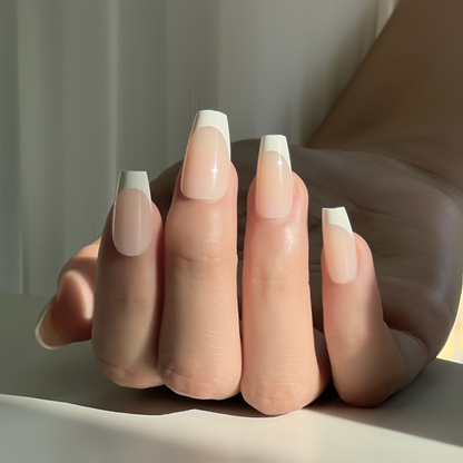 LuxeTip French Press On Nails, Short Coffin White French Tips, On Hand Display 4