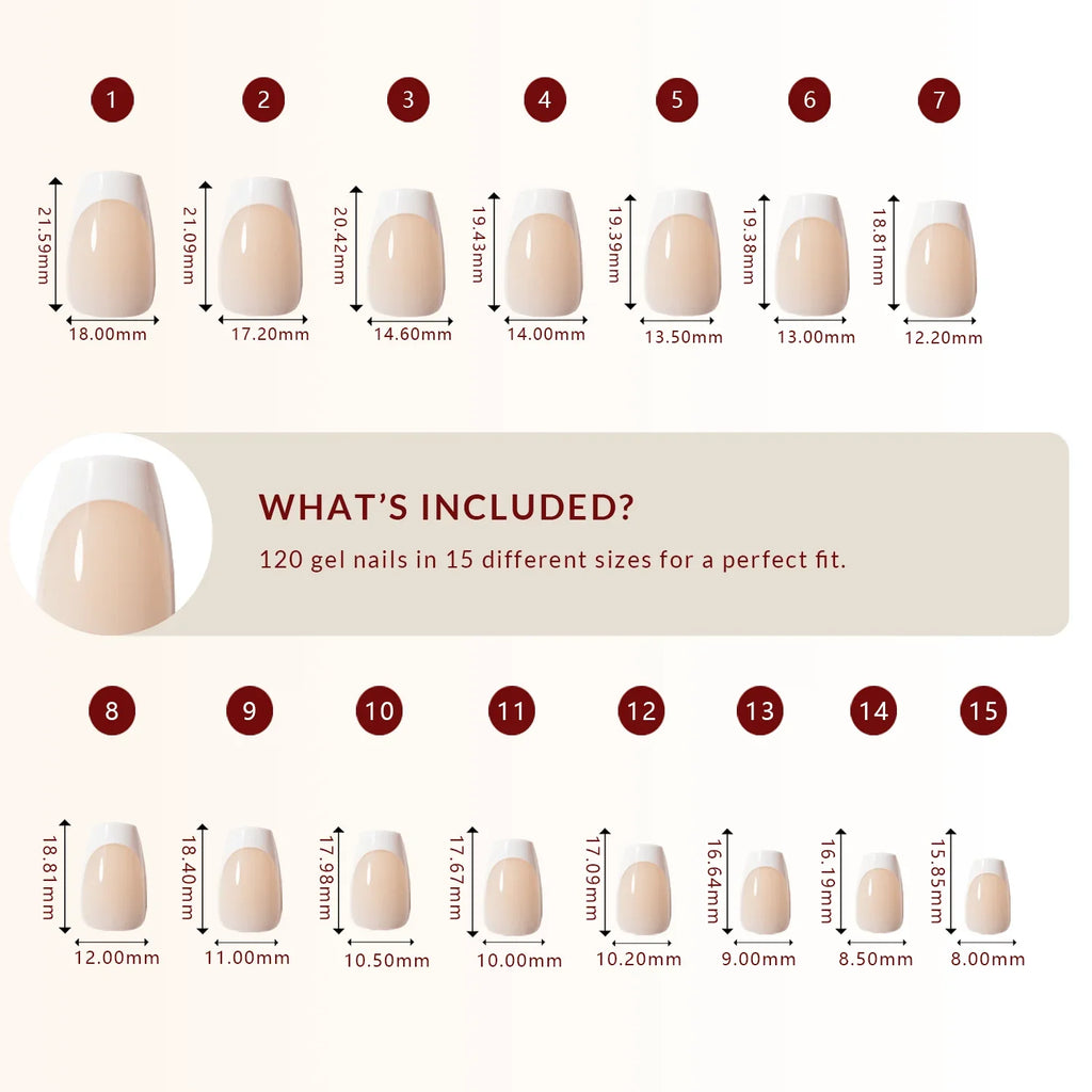 LuxeTip French Press On Nails, Short Coffin White French Tips, Size Guide, 120 Gel Nails in 15 Different Sizes