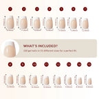 LuxeTip French Press On Nails, Short Coffin White French Tips, Size Guide, 120 Gel Nails in 15 Different Sizes