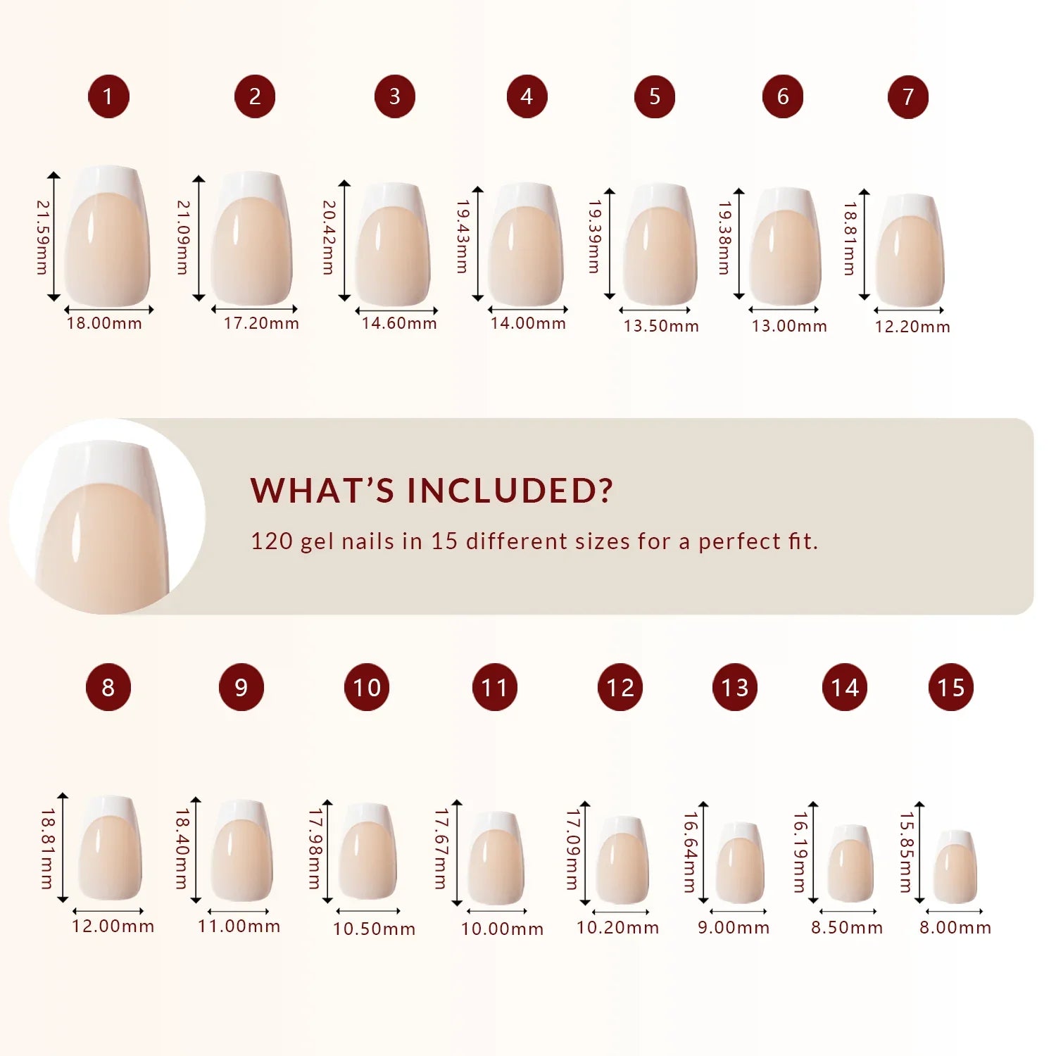 LuxeTip French Press On Nails, Short Coffin White French Tips, Size Guide, 120 Gel Nails in 15 Different Sizes