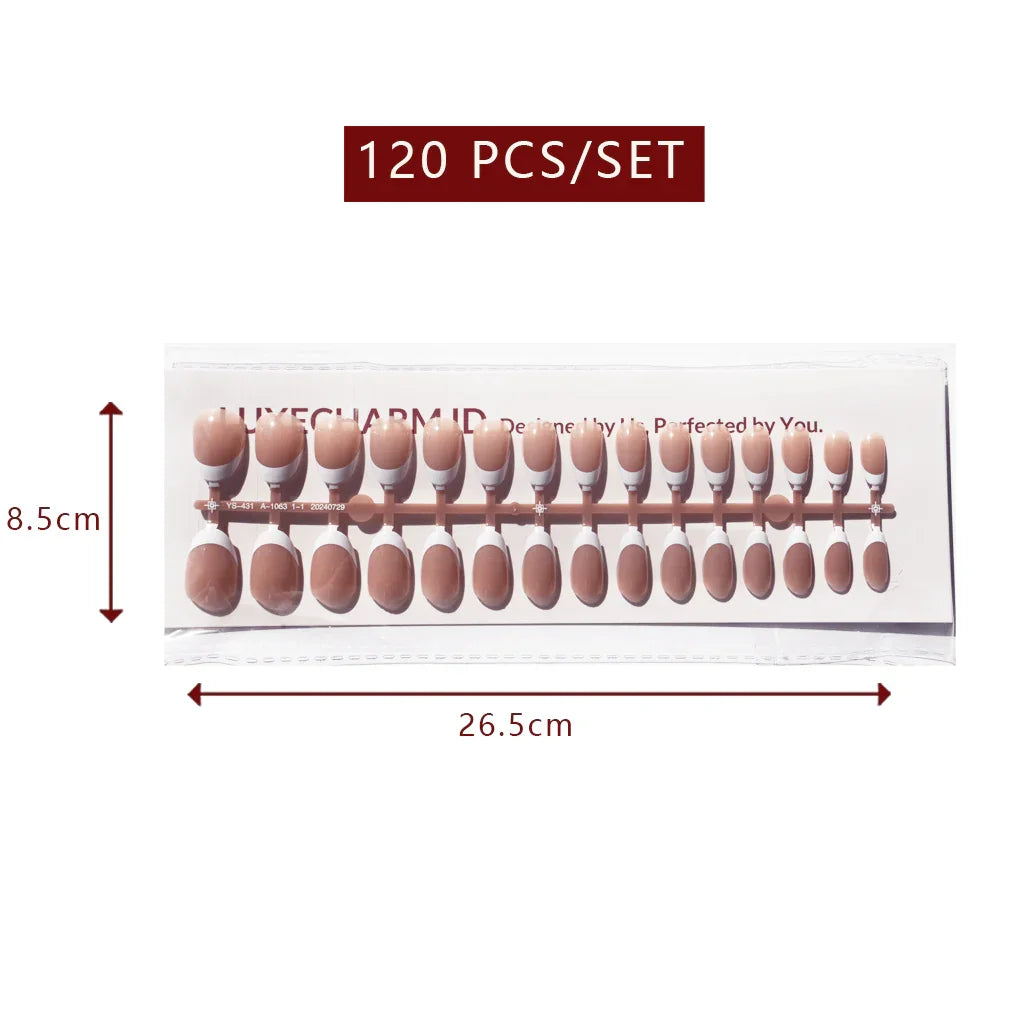 LuxeTip French Press On Nails, Short Oval White French Tips, High-Gloss Finish, Mocha Color 