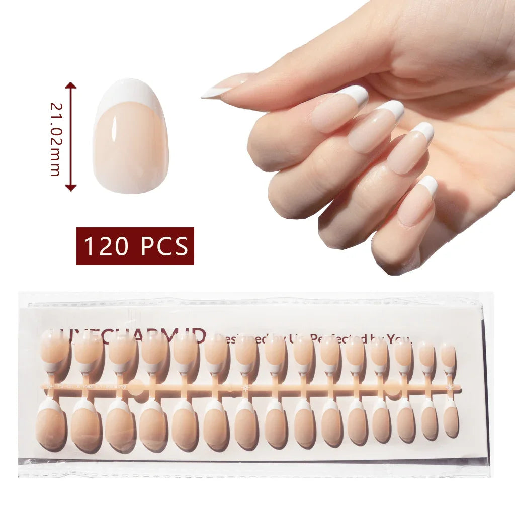 LuxeTip French Press On Nails, Short Oval White French Tips, High-Gloss Finish, On Hand Display, Thumb Nail Size Guide