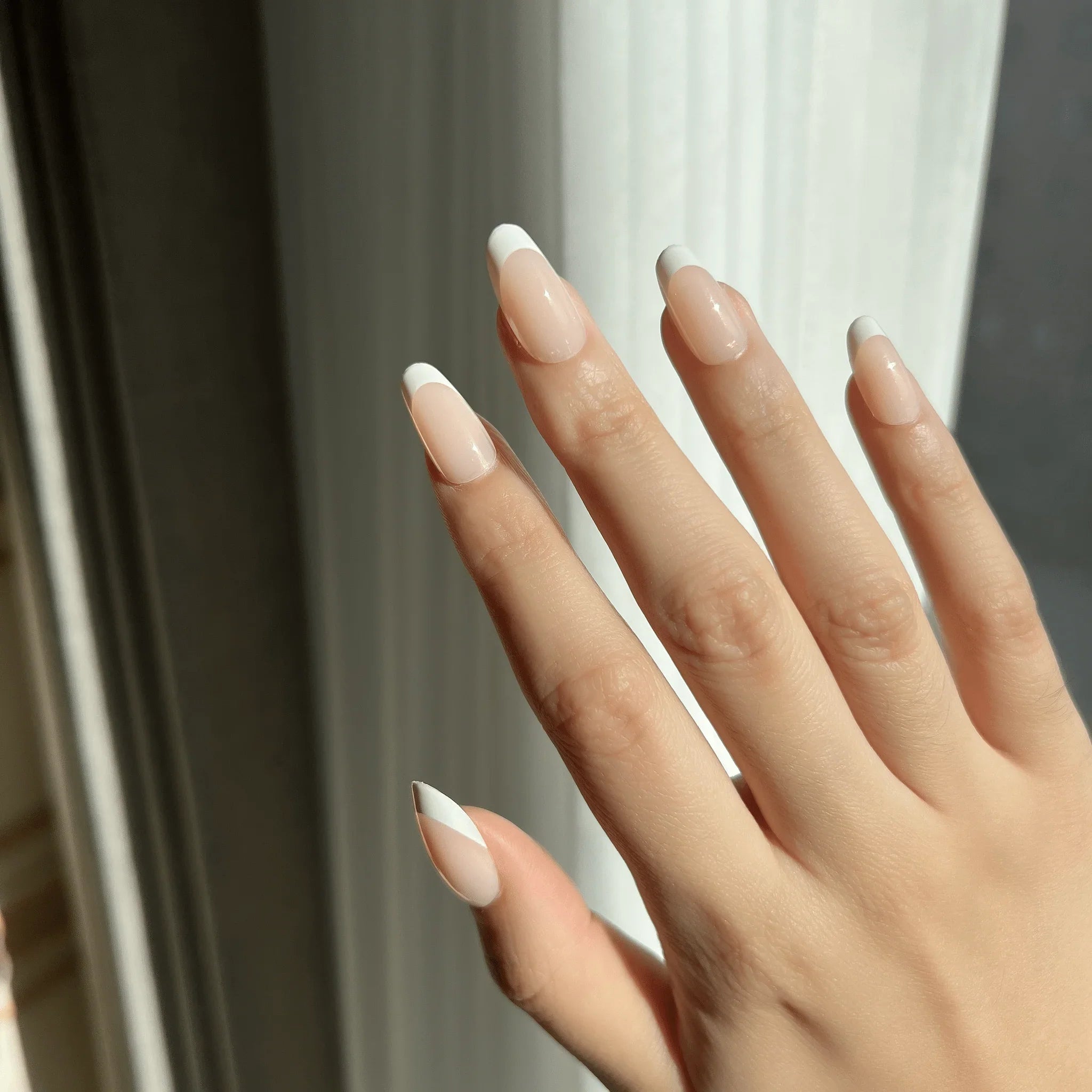 LuxeTip French Press On Nails, Short Oval White French Tips, High-Gloss Finish, On Hand Display 2