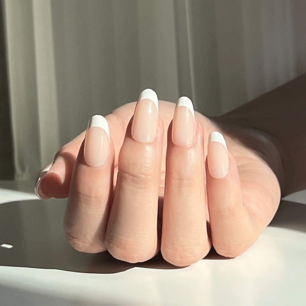 LuxeTip French Press On Nails, Short Oval White French Tips, High-Gloss Finish, On Hand Display 4
