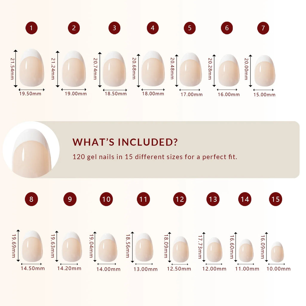 LuxeTip French Press On Nails, Short Oval White French Tips, High-Gloss Finish, Size Guide, 120 Gel Nails in 15 Different Sizes 