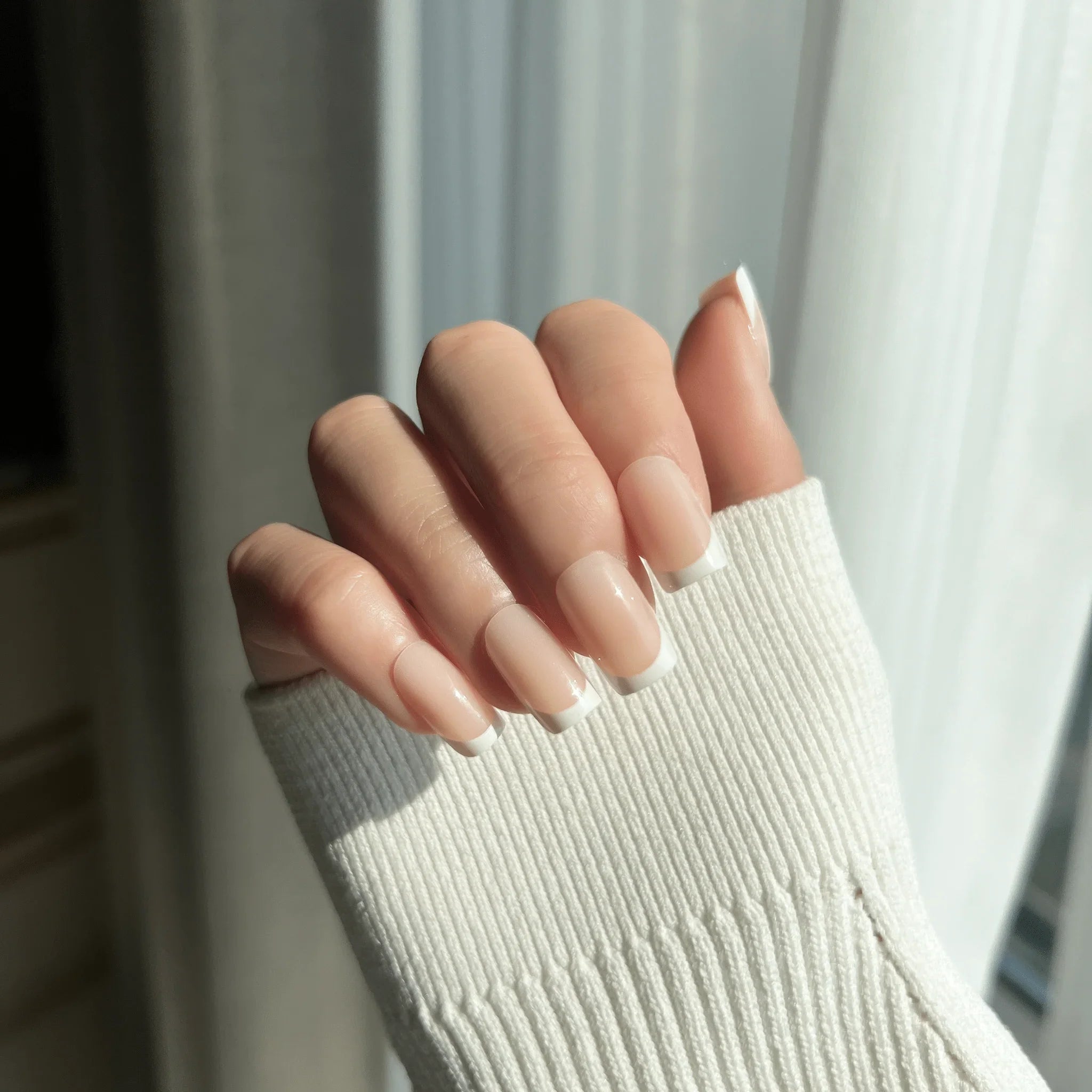 LuxeTip French Press On Nails, Short Square White French Tips, High-Gloss Finish, On Hand Display 3