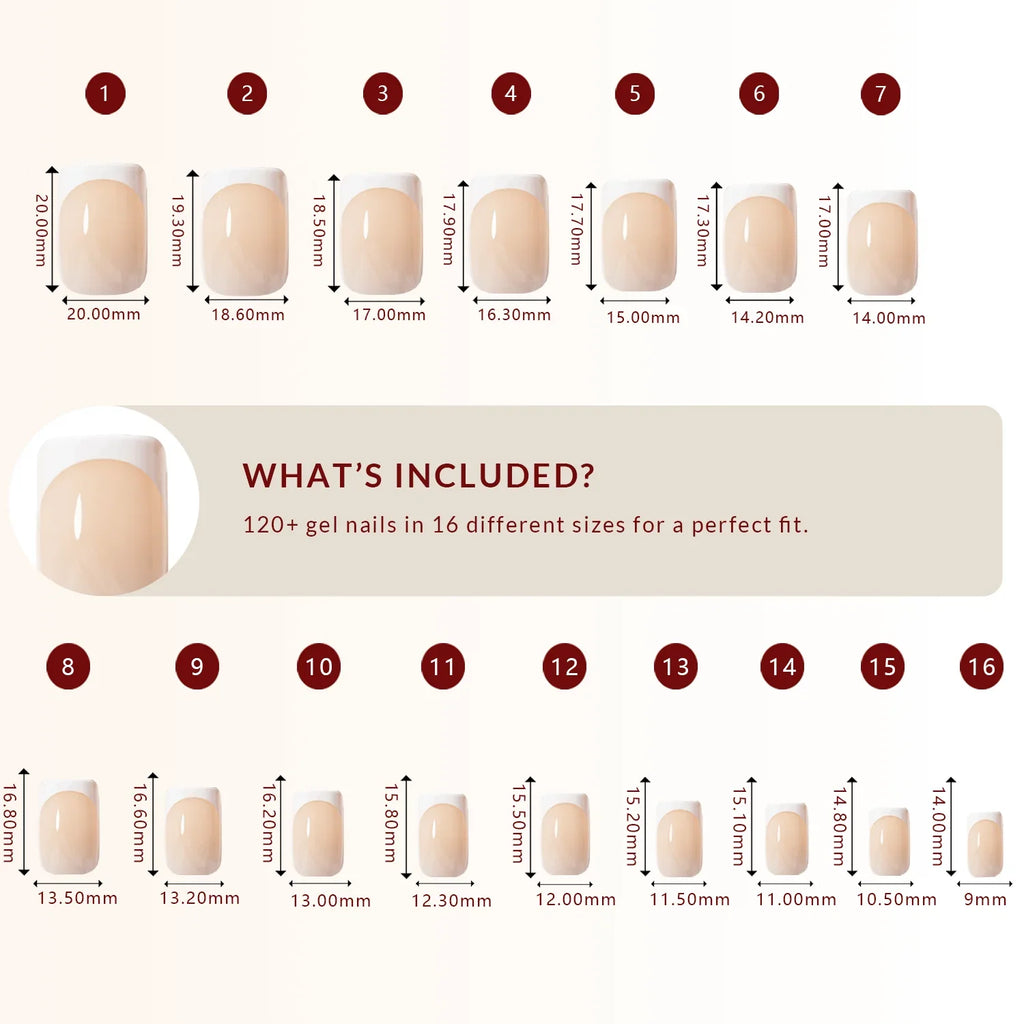 LuxeTip French Press On Nails, Short Square White French Tips, Size Guide, 120 + Gel Nails in 16 different Sizes