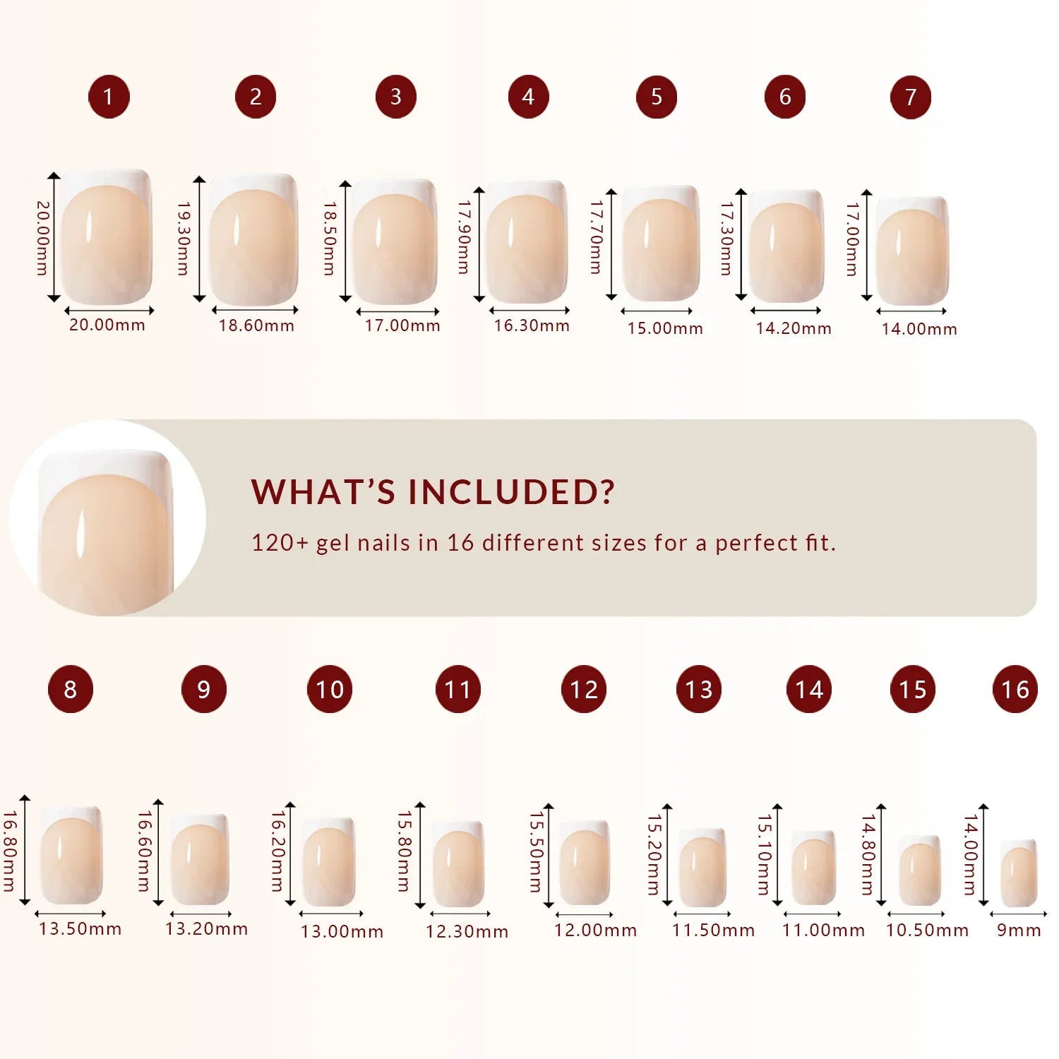 LuxeTip French Press On Nails, Short Square White French Tips, Size Guide, 120 + Gel Nails in 16 different Sizes