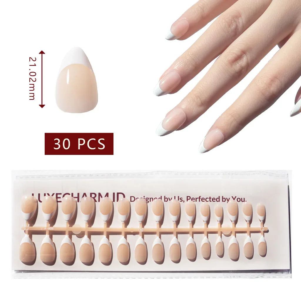 LuxeCharm LuxeTip French Press On Nails, Short Almond White French Tips, High-Gloss Finish, On Hand Display, Thumb Nail Size Guide. 30 Pieces