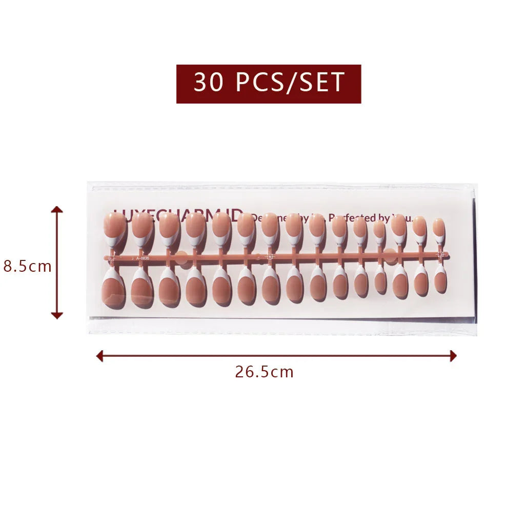 LuxeTip French Press On Nails, Short Almond White French Tips, High-Gloss Finish, Light Brown Color 