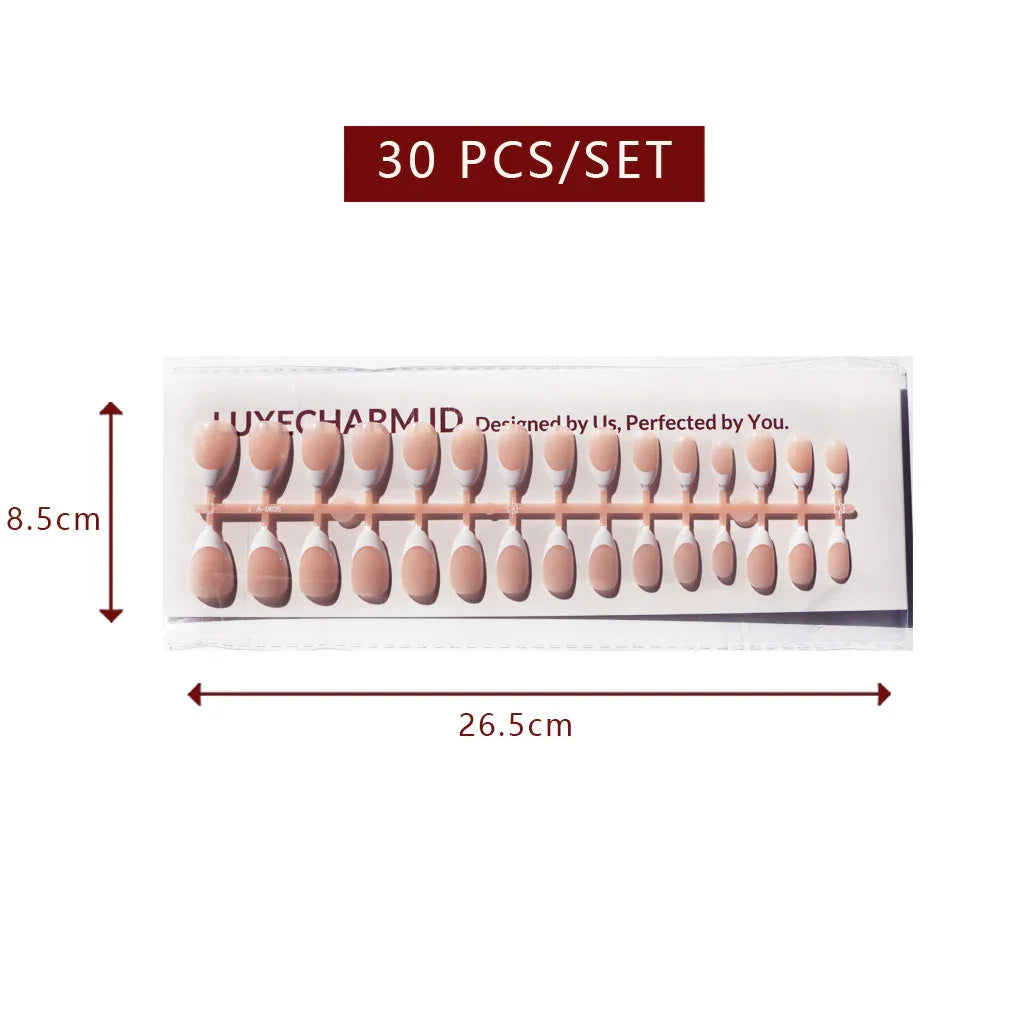 LuxeTip French Press On Nails, Short Almond White French Tips, High-Gloss Finish, Peach Color 