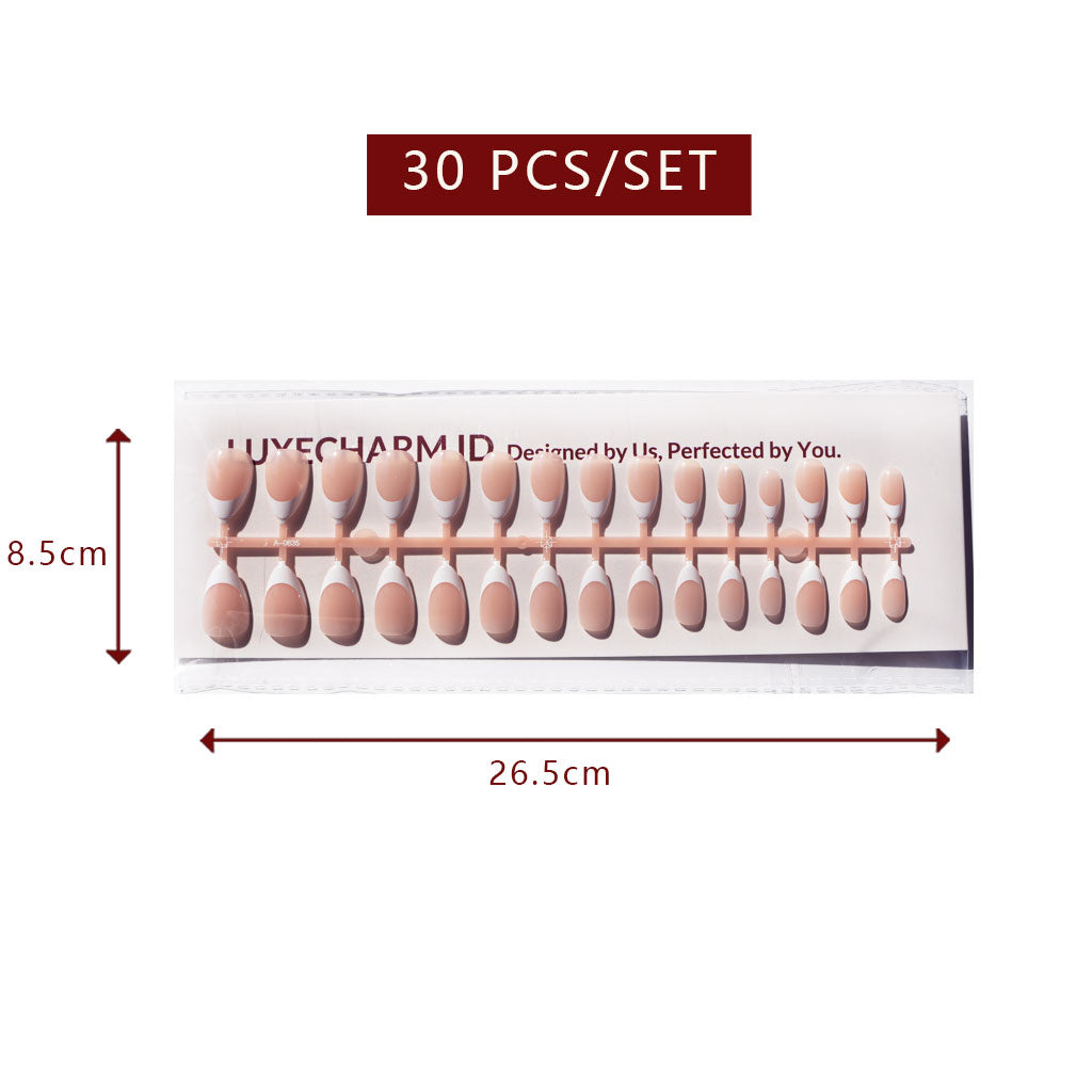 LuxeTip French Press On Nails, Short Almond White French Tips, High-Gloss Finish, Peach Color 