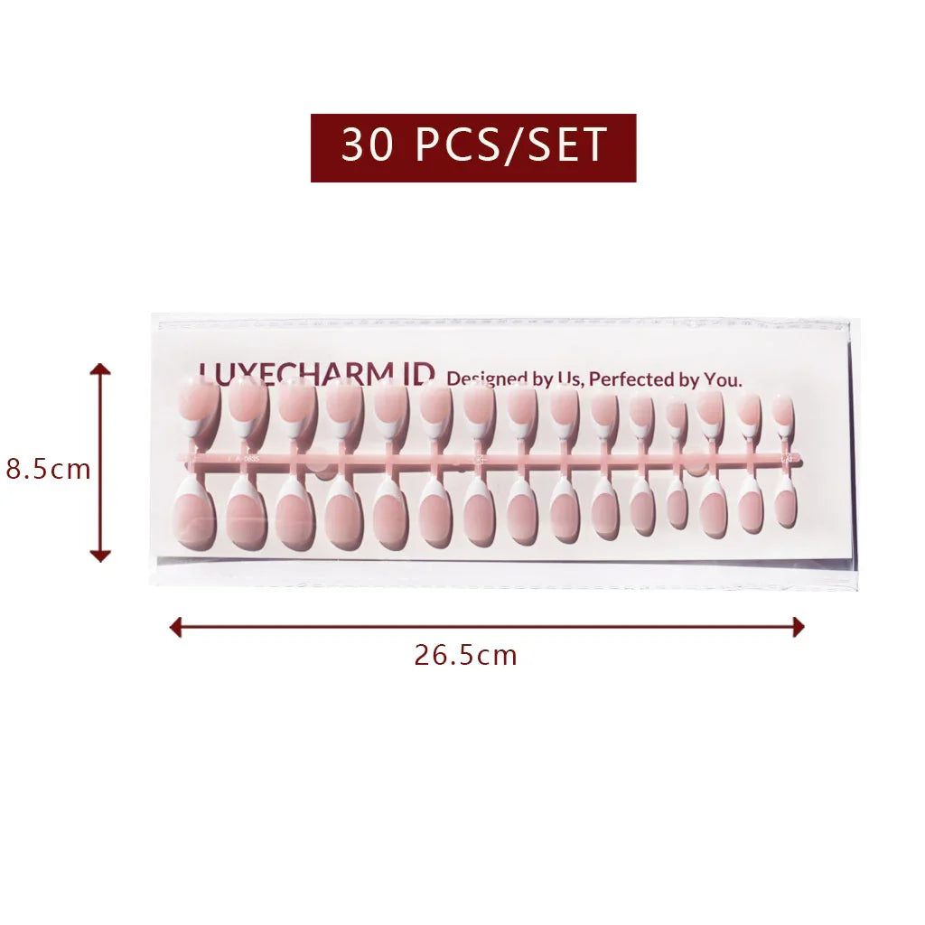 LuxeTip French Press On Nails, Short Almond White French Tips, High-Gloss Finish, Pink Color 