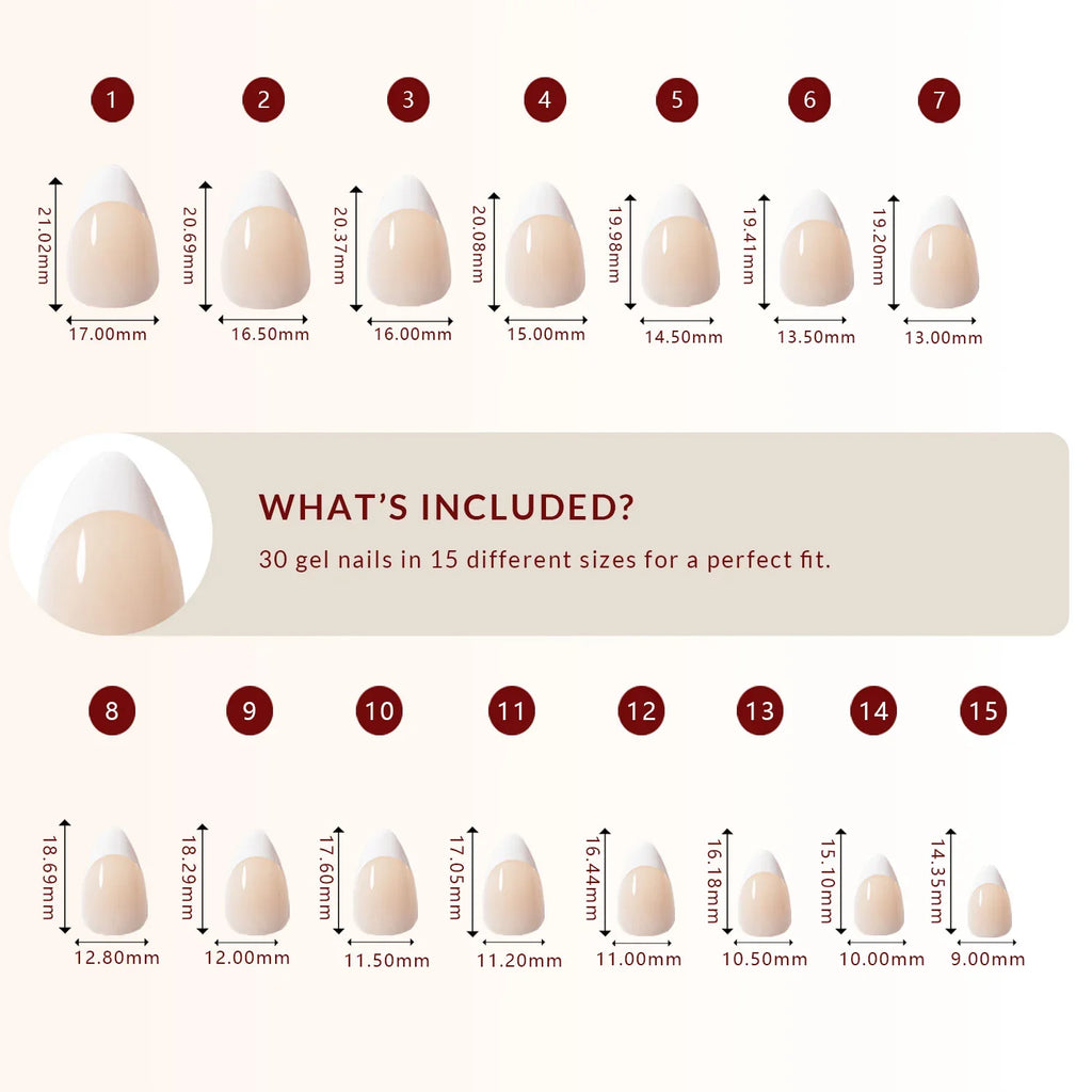 LuxeTip French Press On Nails, Short Almond White French Tips, High-Gloss Finish, Size Guide, 30 Gel Nails in 15 Different Nail Sizes