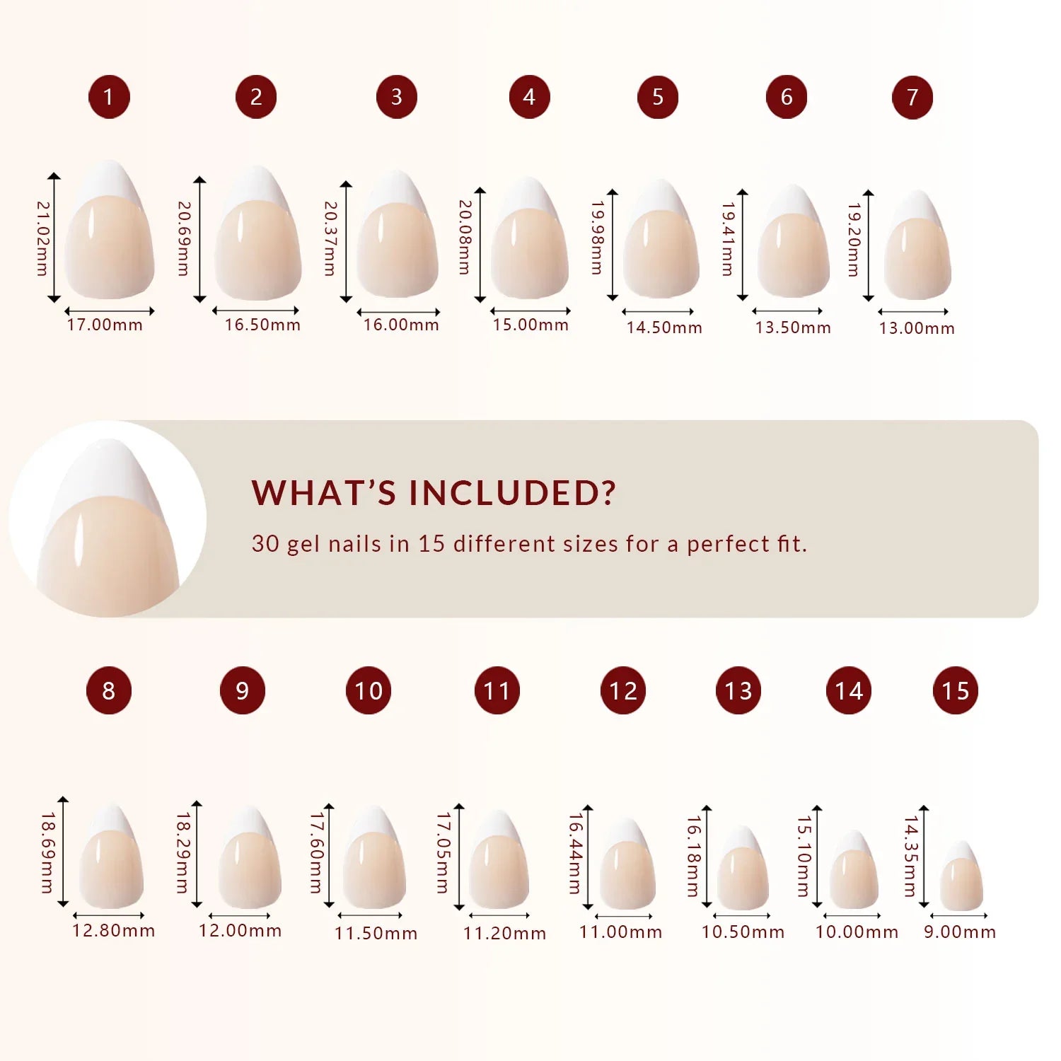 LuxeTip French Press On Nails, Short Almond White French Tips, High-Gloss Finish, Size Guide, 30 Gel Nails in 15 Different Nail Sizes