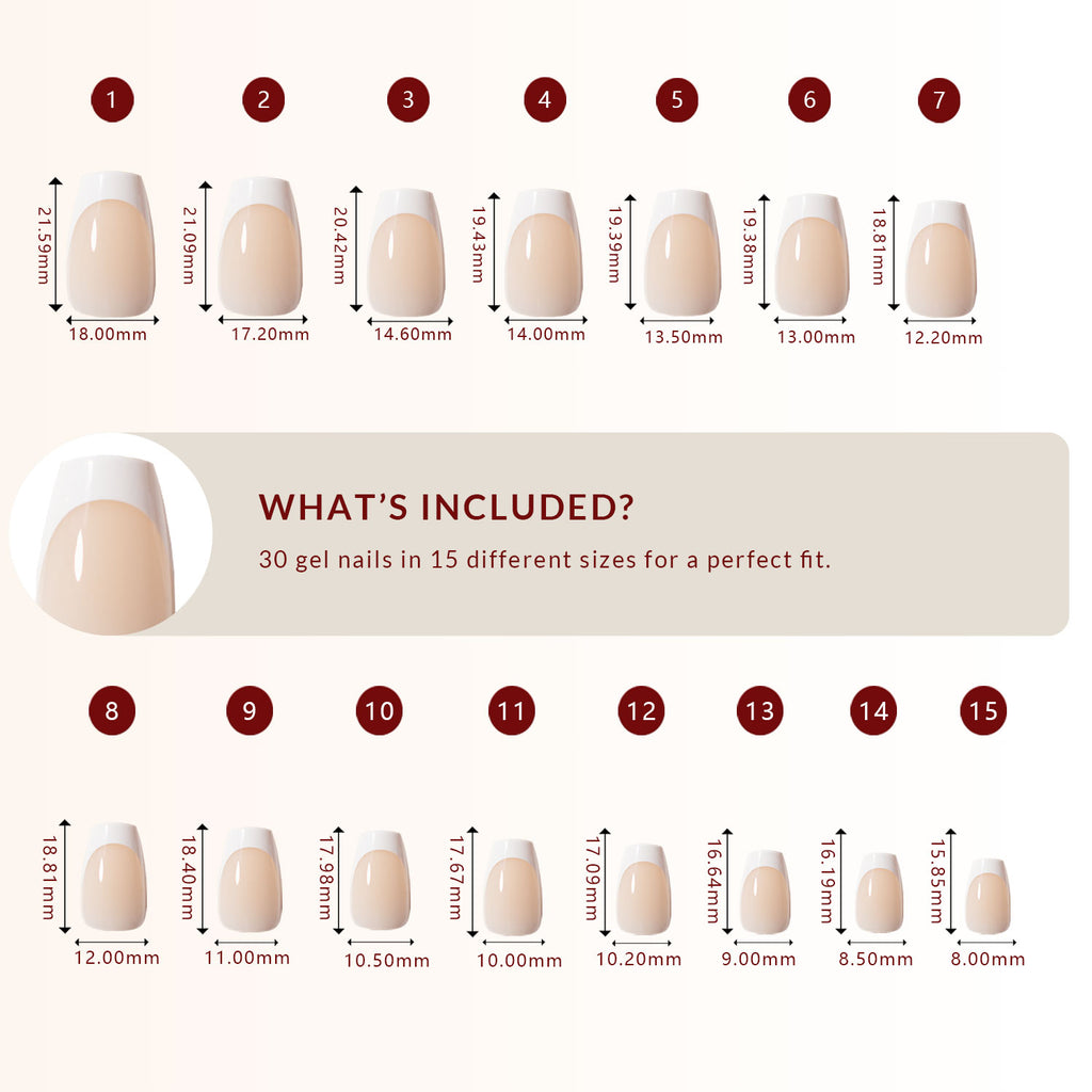LuxeTip French Press On Nails, Short Coffin White French Tips, Size Guide, 30 Gel Nails in 15 Different Sizes