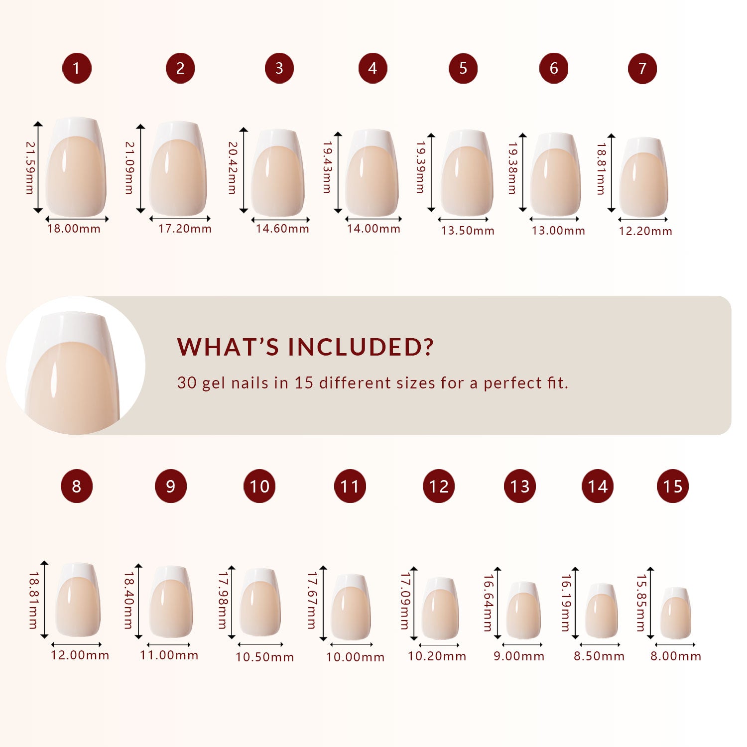 LuxeTip French Press On Nails, Short Coffin White French Tips, Size Guide, 30 Gel Nails in 15 Different Sizes