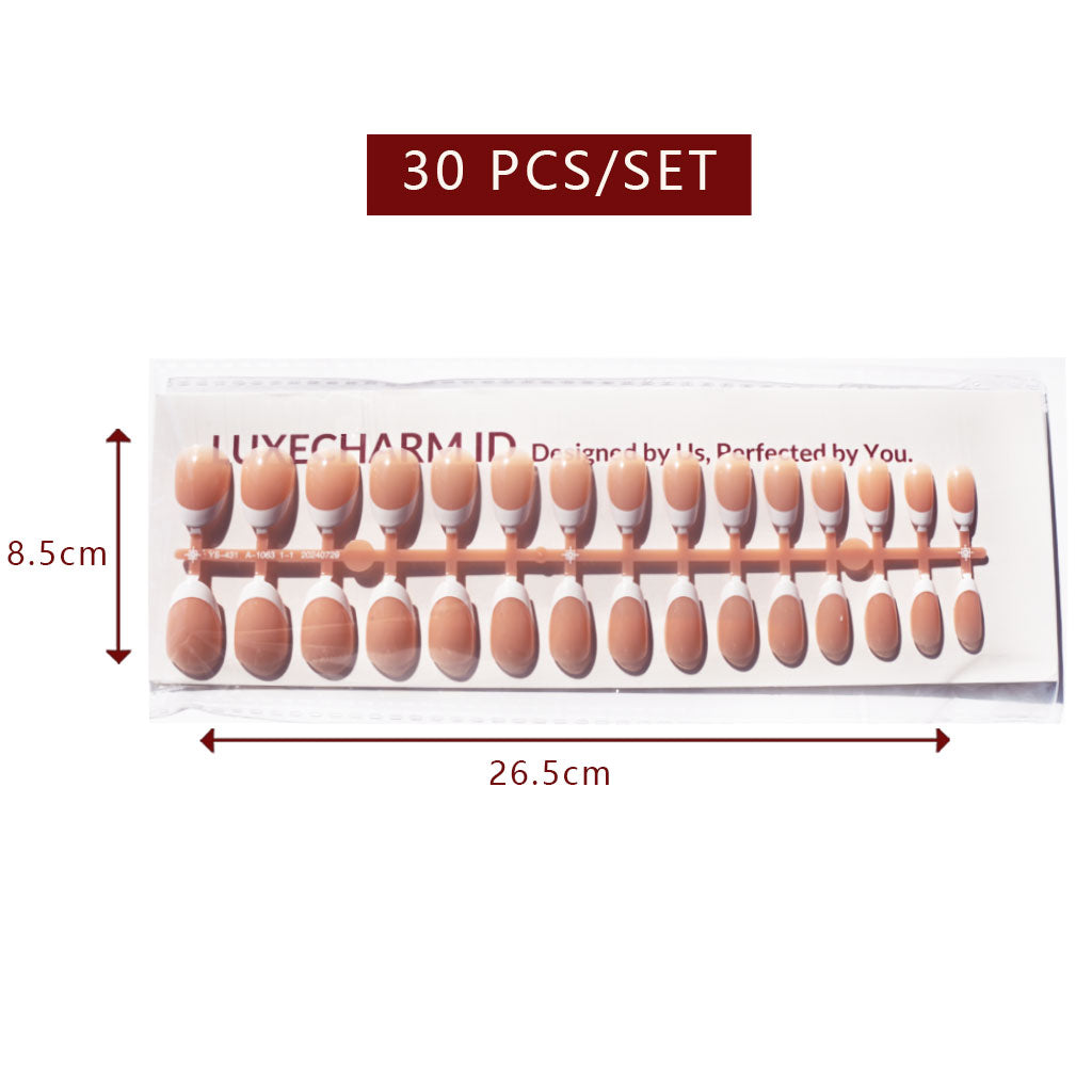 LuxeTip French Press On Nails, Short Oval White French Tips, High-Gloss Finish, Light Brown Color 