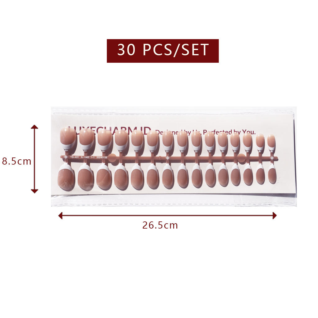 LuxeTip French Press On Nails, Short Oval White French Tips, High-Gloss Finish, Mocha Color 