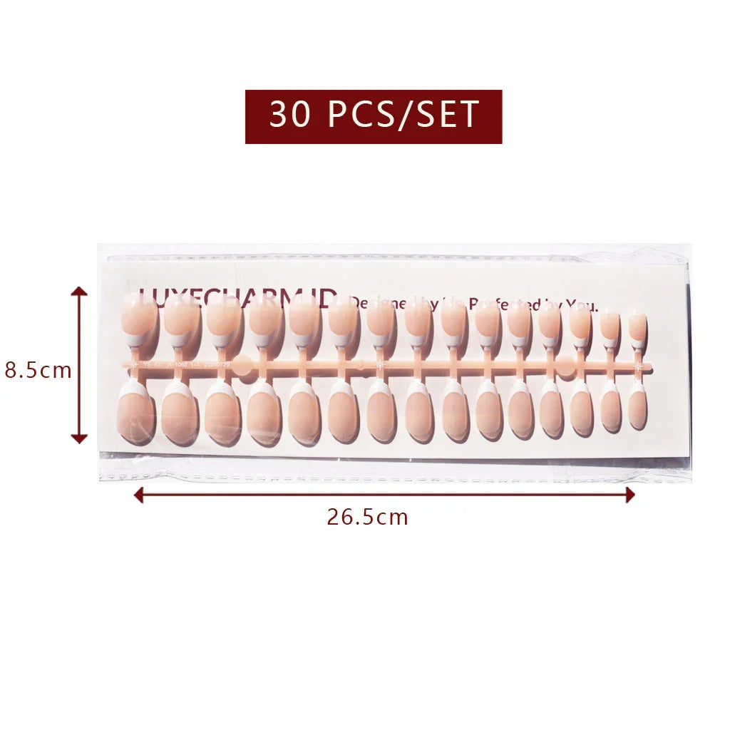 LuxeTip French Press On Nails, Short Oval White French Tips, High-Gloss Finish, Peach Color 