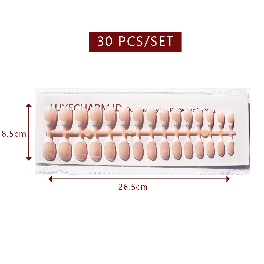 LuxeTip French Press On Nails, Short Oval White French Tips, High-Gloss Finish, Peach Color 