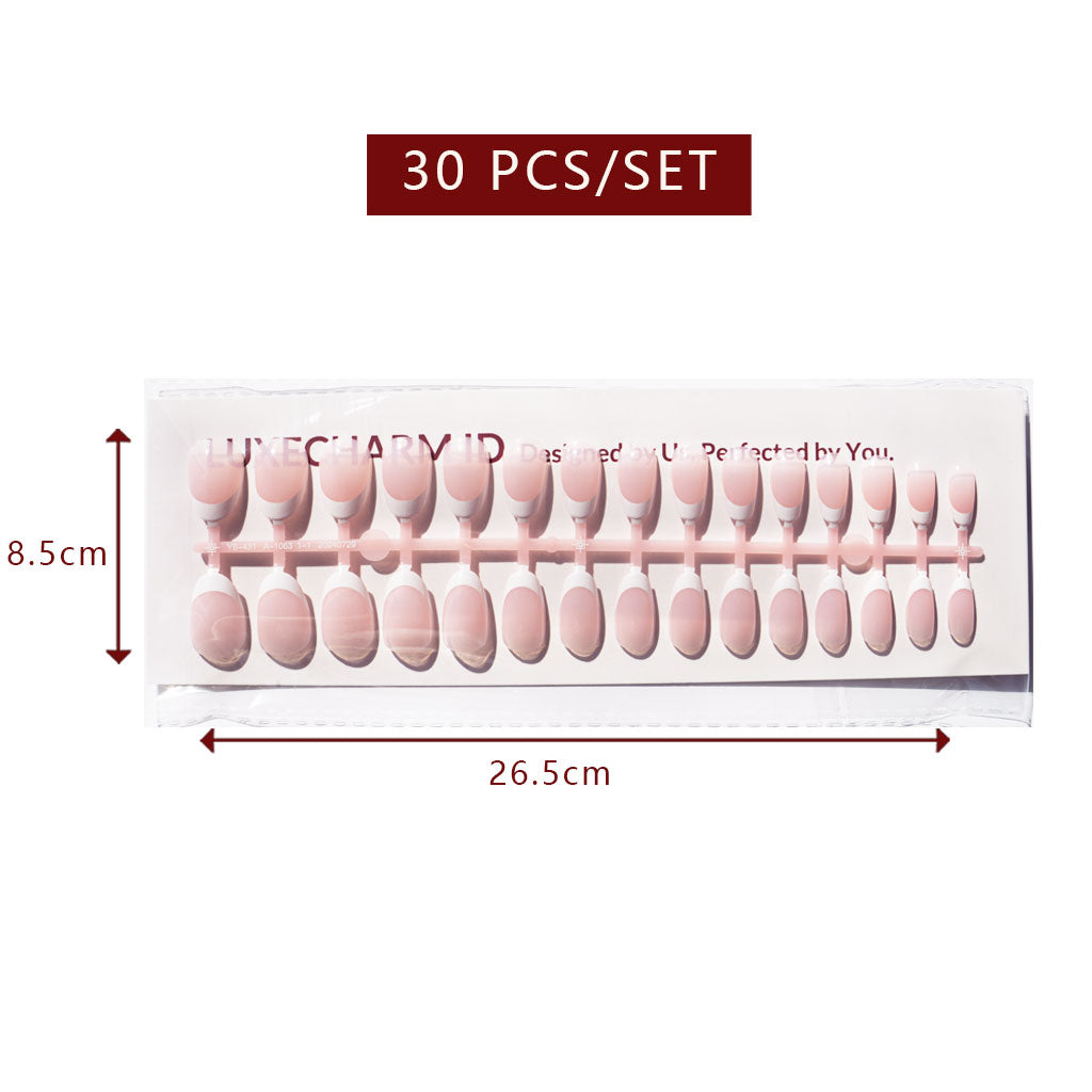 LuxeTip French Press On Nails, Short Oval White French Tips, High-Gloss Finish, Pink Color 