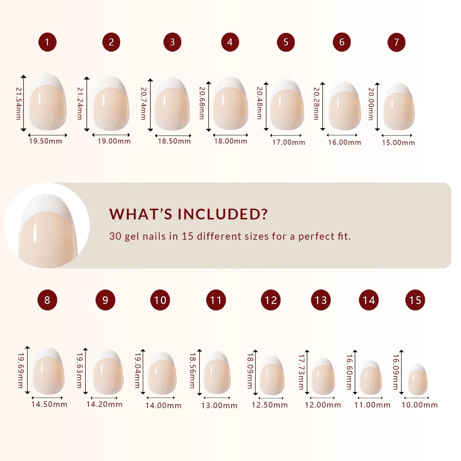 LuxeTip French Press On Nails, Short Oval White French Tips, High-Gloss Finish, Size Guide, 30 Gel Nails in 15 Different Sizes 