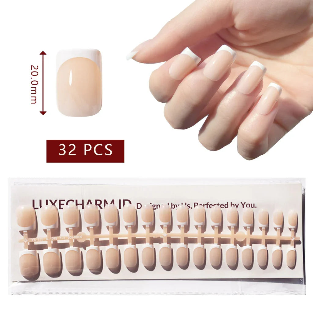 LuxeCharm LuxeTip French Press On Nails, Short Square White French Tips, High-Gloss Finish, On Hand Display, Thumb Nail Size Guide. 32 Pieces