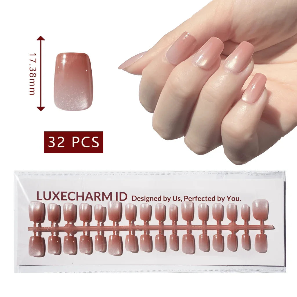 LuxeTip Glass Cat Eye Press On Nails Extra Short Square, On Hand Display, Thumb Nail Size Guide
