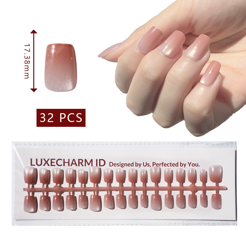 LuxeTip Glass Cat Eye Press On Nails Extra Short Square, On Hand Display, Thumb Nail Size Guide