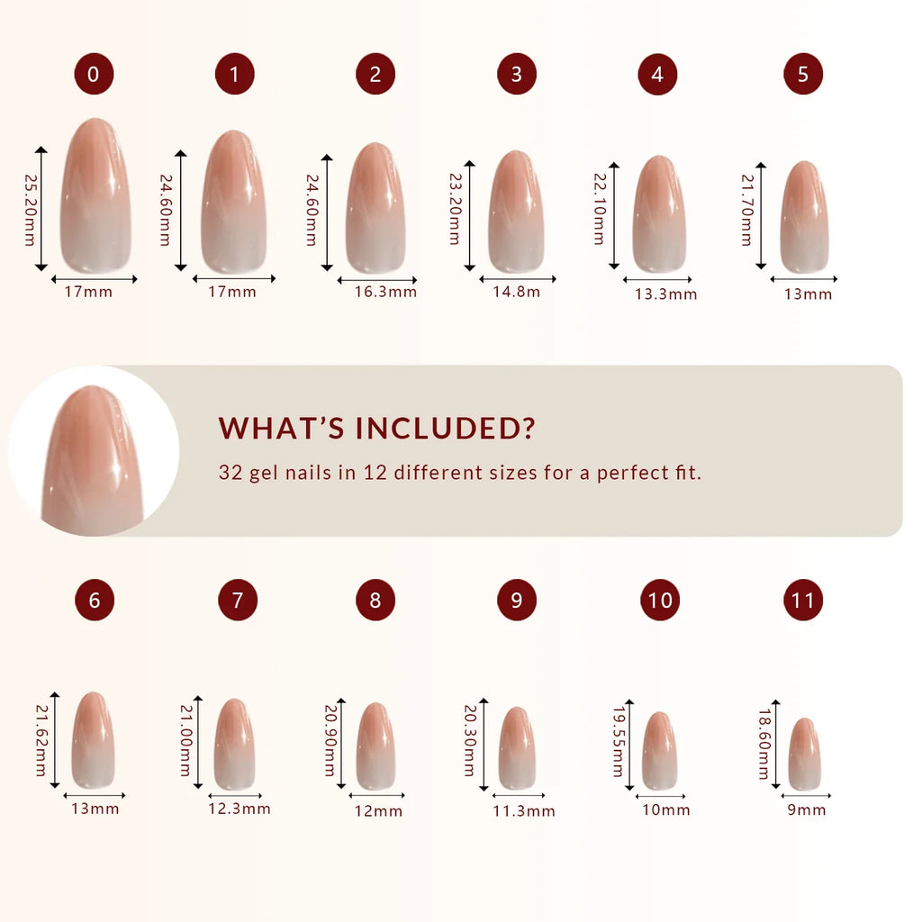 LuxeTip Glass Cat Eye Press On Nails Medium Oval, Size Guide, 32 Gel Nails in 12 Different Sizes