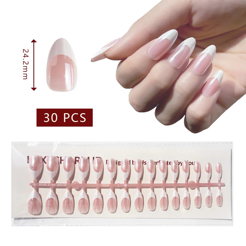 LuxeCharm LuxeTip Glazed & Deep French Press On Nails, Medium Almond White French Tips, High-Gloss Finish, On Hand Display, Thumb Nail Size Guide. 30 Pieces