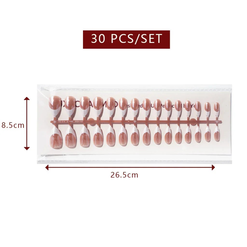 LuxeTip Glazed & Deep French Press On Nails, Medium Almond White French Tips, High-Gloss Finish, Light Brown Color 