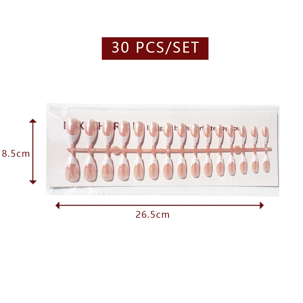 LuxeTip Glazed & Deep French Press On Nails, Medium Almond White French Tips, High-Gloss Finish, Peach Color 