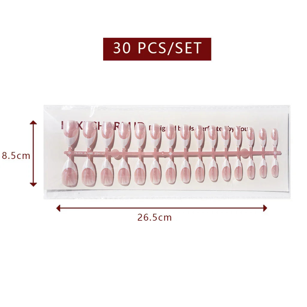 LuxeTip Glazed & Deep French Press On Nails, Medium Almond White French Tips, High-Gloss Finish, Light Pink Color 